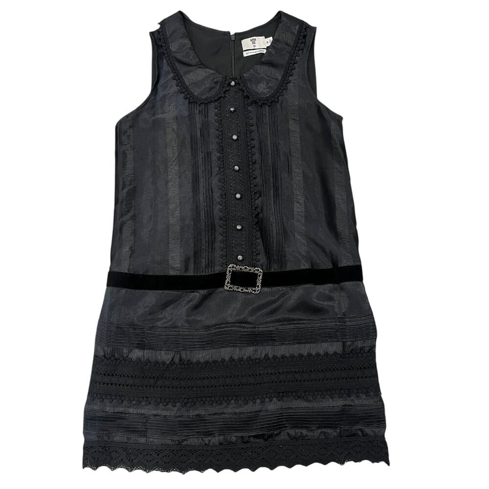 Anna Sui Black Lace Vamp Dark Romance Mini Dress Velvet Belt Peter Pan Collar